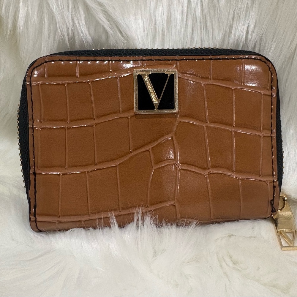 Victoria's Secret Brown Croc-Embossed Zip Wallet with Gold Logo